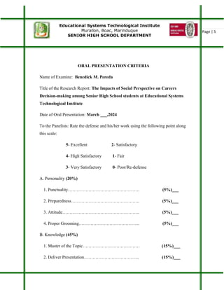 Educational Systems Technological Institute
Murallon, Boac, Marinduque
SENIOR HIGH SCHOOL DEPARTMENT
Page | 5
ORAL PRESENTATION CRITERIA
Name of Examine: Benedick M. Pereda
Title of the Research Report: The Impacts of Social Perspective on Careers
Decision-making among Senior High School students at Educational Systems
Technological Institute
Date of Oral Presentation: March ___,2024
To the Panelists: Rate the defense and his/her work using the following point along
this scale:
5- Excellent 2- Satisfactory
4- High Satisfactory 1- Fair
3- Very Satisfactory 0- Poor/Re-defense
A. Personality (20%)
1. Punctuality…………………………………………. (5%)___
2. Preparedness……………………………………….. (5%)___
3. Attitude…………………………………………….. (5%)___
4. Proper Grooming…………………………………... (5%)___
B. Knowledge (45%)
1. Master of the Topic………………………………… (15%)___
2. Deliver Presentation……………………………….. (15%)___
 