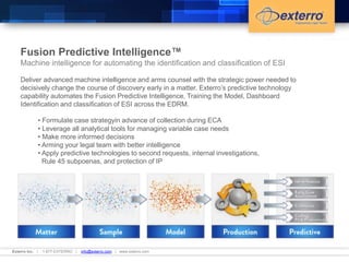 Fusion Predictive Intelligence™ 
Machine intelligence for automating the identification and classification of ESI 
Deliver advanced machine intelligence and arms counsel with the strategic power needed to 
decisively change the course of discovery early in a matter. Exterro’s predictive technology 
capability automates the Fusion Predictive Intelligence, Training the Model, Dashboard 
Identification and classification of ESI across the EDRM. 
• Formulate case strategyin advance of collection during ECA 
• Leverage all analytical tools for managing variable case needs 
• Make more informed decisions 
• Arming your legal team with better intelligence 
• Apply predictive technologies to second requests, internal investigations, 
Rule 45 subpoenas, and protection of IP 
Exterro Inc. | 1-877-EXTERRO | info@exterro.com | www.exterro.com 
 