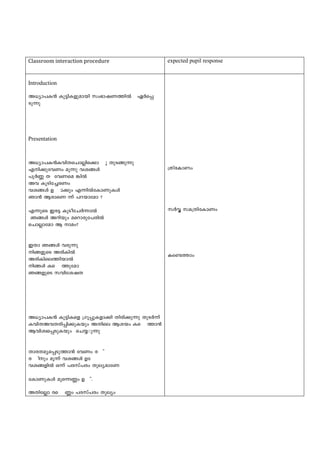 Classroom interaction procedure expected pupil response
Introduction
A[ym-]-I≥ Ip´n-I-fp-ambn kw`m-j-W-Øn¬ G¿s∏-
Sp∂p
Presentation
A[ym-]-I≥I-hn-X-sNm-√n-s°m- p XpS-ßp∂p
Fn-°p-thWw aq∂p hi-ßƒ
]q¿Æ X thW-sa- ¶n¬
Ah IqSn-t®-cWw
hi-ßƒ D- m°pw F∂n¬tIm-Wp-Iƒ
Rm≥ Bcm-sW ∂v ]d-bmtam ?
F∂psS Cc´ IqSo-tN-¿∂m¬
Rßƒ Adnbpw asdmcpt]-cn¬
sNm√mtam B maw?
CXm Rßƒ hcp∂p
nß-fpsS Acn-In¬
A-cn-In-se-Øn-bm¬
nßƒ Is- Øptam
Rß-fpsS khntijX
A[ym-]-I≥ Ip´n-Isf {Kq∏p-I-fm°n Xncn-°p∂p XpS¿∂v
Ihn-X-A-h-X-cn-∏n-°p-Ibpw AXnse Bibw Is- -Øm≥
Bhn-iz-s∏-Sp-Ibpw sNø#p∂p
Xmc-X-ay-s∏-Sp-Øm≥ thWw c- v
c- npw aq∂v hi-ßƒ Dt-
hi-ßfn¬ H∂v ]c-kv]cw Xpey-amtW
tImWp-Iƒ aqs∂Æw D- v.
AXnt√m cs- Æw ]c-kv]cw Xpeyw
{XntImWw
k¿∆- ka-{Xn-tImWw
Is−¯mw
 