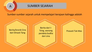 SUMBER SEJARAH
Sumber-sumber sejarah untuk mempelajari kerajaan kalingga adalah
A
Berita/kronik Cina
dari Dinasti Tang
Berita dari I-
Tsing, seorang
pendeta budha
dari cina
Prasasti Tuk Mas
 