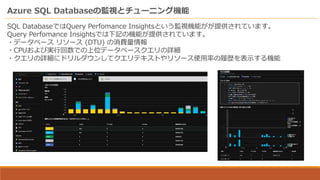 Azure SQL Databaseの監視とチューニング機能
SQL DatabaseではQuery Perfomance Insightsという監視機能がが提供されています。
Query Perfomance Insightsでは下記の機能が提供されています。
・データベース リソース (DTU) の消費量情報
・CPUおよび実行回数での上位データベースクエリの詳細
・クエリの詳細にドリルダウンしてクエリテキストやリソース使用率の履歴を表示する機能
 