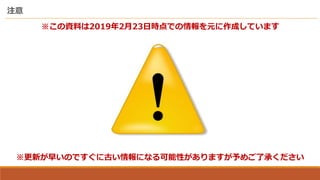 注意
※この資料は2019年2月23日時点での情報を元に作成しています
※更新が早いのですぐに古い情報になる可能性がありますが予めご了承ください
 