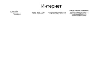 Интернет
Алексей
Тимохин
Тстр-202 АСФ vergilqql@gmail.com
https://www.facebook
.com/profile.php?id=1
00013572637882
 