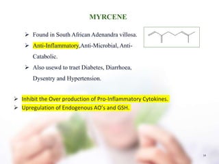 MYRCENE
 Inhibit the Over production of Pro-Inflammatory Cytokines.
 Upregulation of Endogenous AO’s and GSH.
14
 Found in South African Adenandra villosa.
 Anti-Inflammatory,Anti-Microbial, Anti-
Catabolic.
 Also usewd to traet Diabetes, Diarrhoea,
Dysentry and Hypertension.
 