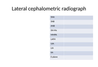 Lateral cephalometric radiograph
SNA
SNB
ANB
SN-Mx
MMPA
LAFH
UIA
LIA
IIA
E-plane
 