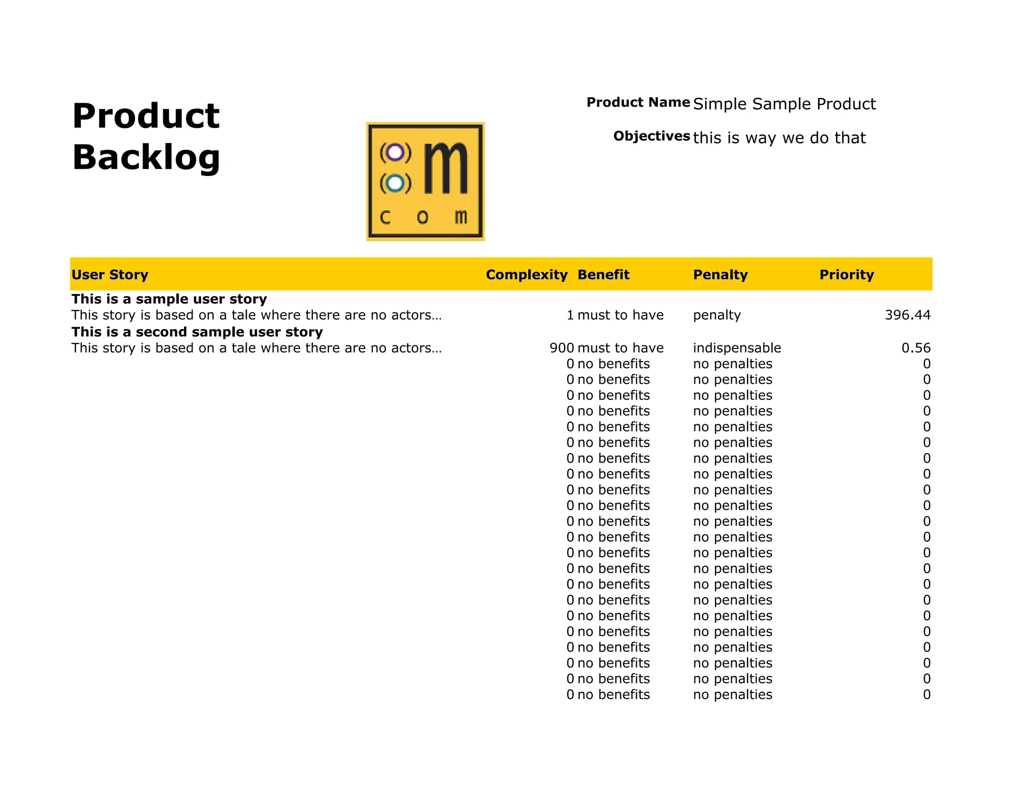 Product
                                                                       Product Name Simple      Sample Product
                                                                           Objectives this   is way we do that
Backlog


User Story                                                 Complexity Benefit         Penalty           Priority
This is a sample user story
This story is based on a tale where there are no actors…             1 must to have   penalty                      396.44
This is a second sample user story
This story is based on a tale where there are no actors…          900 must to have    indispensable                  0.56
                                                                    0 no benefits     no penalties                      0
                                                                    0 no benefits     no penalties                      0
                                                                    0 no benefits     no penalties                      0
                                                                    0 no benefits     no penalties                      0
                                                                    0 no benefits     no penalties                      0
                                                                    0 no benefits     no penalties                      0
                                                                    0 no benefits     no penalties                      0
                                                                    0 no benefits     no penalties                      0
                                                                    0 no benefits     no penalties                      0
                                                                    0 no benefits     no penalties                      0
                                                                    0 no benefits     no penalties                      0
                                                                    0 no benefits     no penalties                      0
                                                                    0 no benefits     no penalties                      0
                                                                    0 no benefits     no penalties                      0
                                                                    0 no benefits     no penalties                      0
                                                                    0 no benefits     no penalties                      0
                                                                    0 no benefits     no penalties                      0
                                                                    0 no benefits     no penalties                      0
                                                                    0 no benefits     no penalties                      0
                                                                    0 no benefits     no penalties                      0
                                                                    0 no benefits     no penalties                      0
                                                                    0 no benefits     no penalties                      0
 