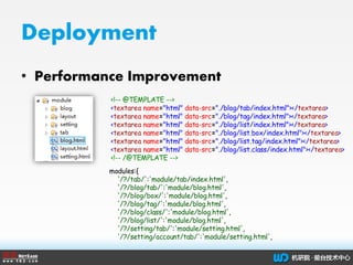Deployment
• Performance Improvement
<!-- @TEMPLATE -->
<textarea name="html" data-src="./blog/tab/index.html"></textarea>...