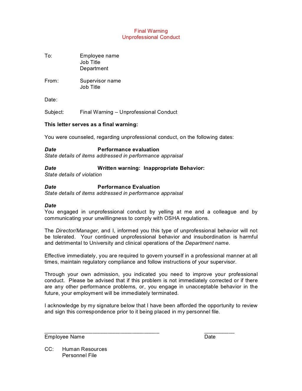 Template Disciplinary Lettersexamples gables