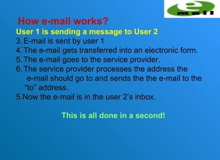 How e-mail works?
User 1 is sending a message to User 2
3. E-mail is sent by user 1
 •
4. The e-mail gets transferred into an electronic form.
5. The e-mail goes to the service provider.
6. The service provider processes the address the
    e-mail should go to and sends the the e-mail to the
   “to” address.
5.Now the e-mail is in the user 2’s inbox.

             This is all done in a second!
 