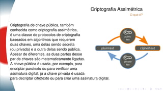 Criptograﬁa Assimétrica
O que é?
Criptograﬁa de chave pública, também
conhecida como criptograﬁa assimétrica,
é uma classe de protocolos de criptograﬁa
baseados em algoritmos que requerem
duas chaves, uma delas sendo secreta
(ou privada) e a outra delas sendo pública.
Apesar de diferentes, as duas partes desse
par de chaves são matematicamente ligadas.
A chave pública é usada, por exemplo, para
encriptar purotexto ou para veriﬁcar uma
assinatura digital; já a chave privada é usada
para decriptar cifrotexto ou para criar uma assinatura digital.
 