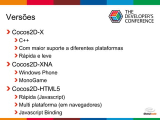 Globalcode – Open4education
Versões
Cocos2D-X
C++
Com maior suporte a diferentes plataformas
Rápida e leve
Cocos2D-XNA
Windows Phone
MonoGame
Cocos2D-HTML5
Rápida (Javascript)
Multi plataforma (em navegadores)
Javascript Binding
 