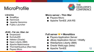 Globalcode – Open4education
MicroProfile
12
Libraries
● SmallRye
● Hammock
● Apache Geronimo
● Fujitsu Launcher
JEAS - Fat Jar, Uber Jar
● Dropwizard
● KumuluzEE
● Helidon (Oracle)
● Open Liberty (IBM)
● Apache Meecrowave
● Thorntail/Quarkus (Red Hat)
● Payara Micro
Micro server - Thin War
● Payara Micro
● Apache TomEE JAX-RS
Full server 😦 = Monolitico
● Payara Application Server
● JBoss Application Server / Wildfly
● WebSphere Liberty (IBM)
● Oracle WebLogic (beta)
● Apache TomEE
 