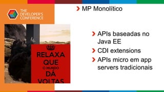 Globalcode – Open4education
APIs baseadas no
Java EE
CDI extensions
APIs micro em app
servers tradicionais
MP Monolítico
 