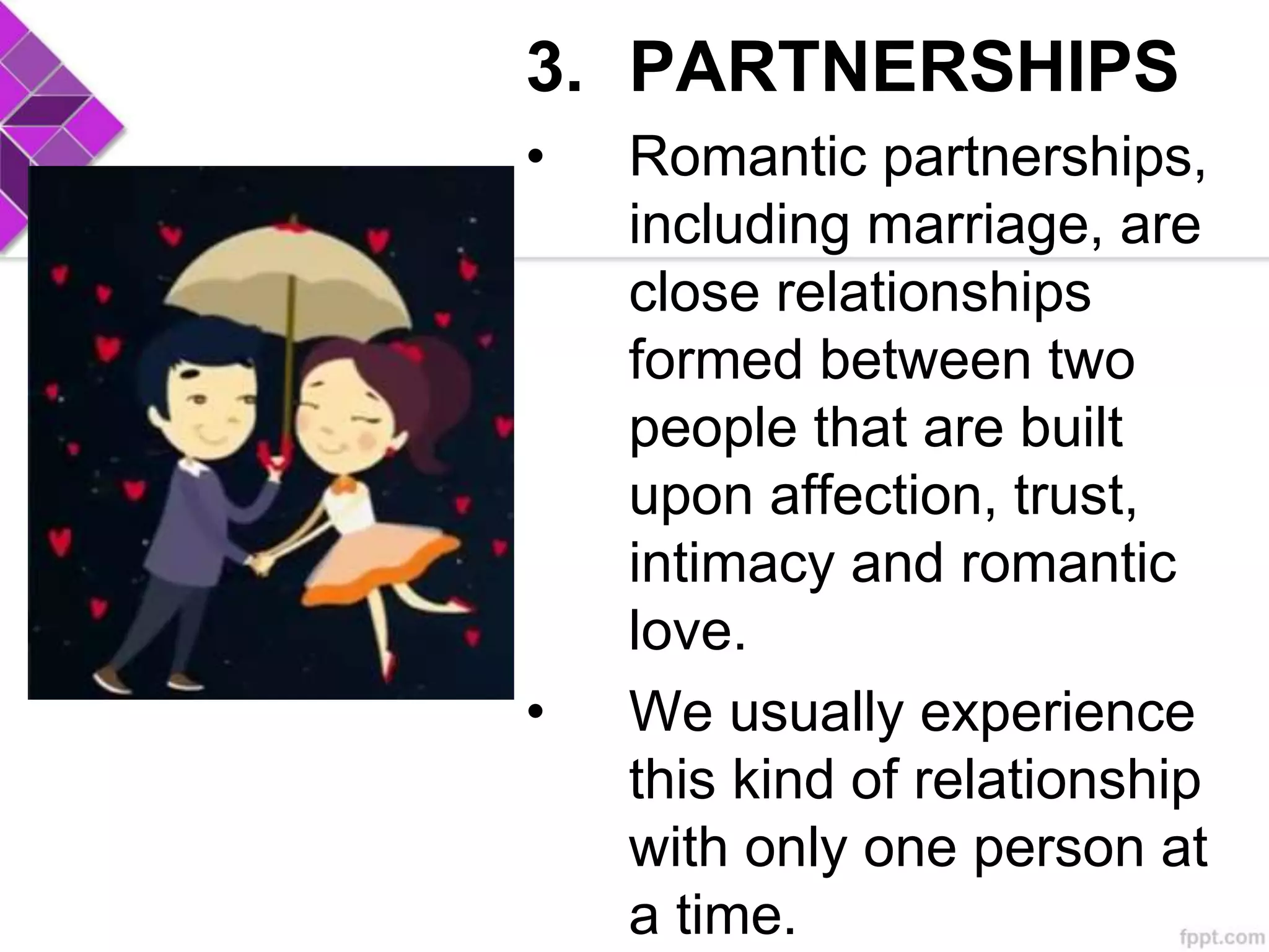 3. PARTNERSHIPS
• Romantic partnerships,
including marriage, are
close relationships
formed between two
people that are built
upon affection, trust,
intimacy and romantic
love.
• We usually experience
this kind of relationship
with only one person at
a time.
 