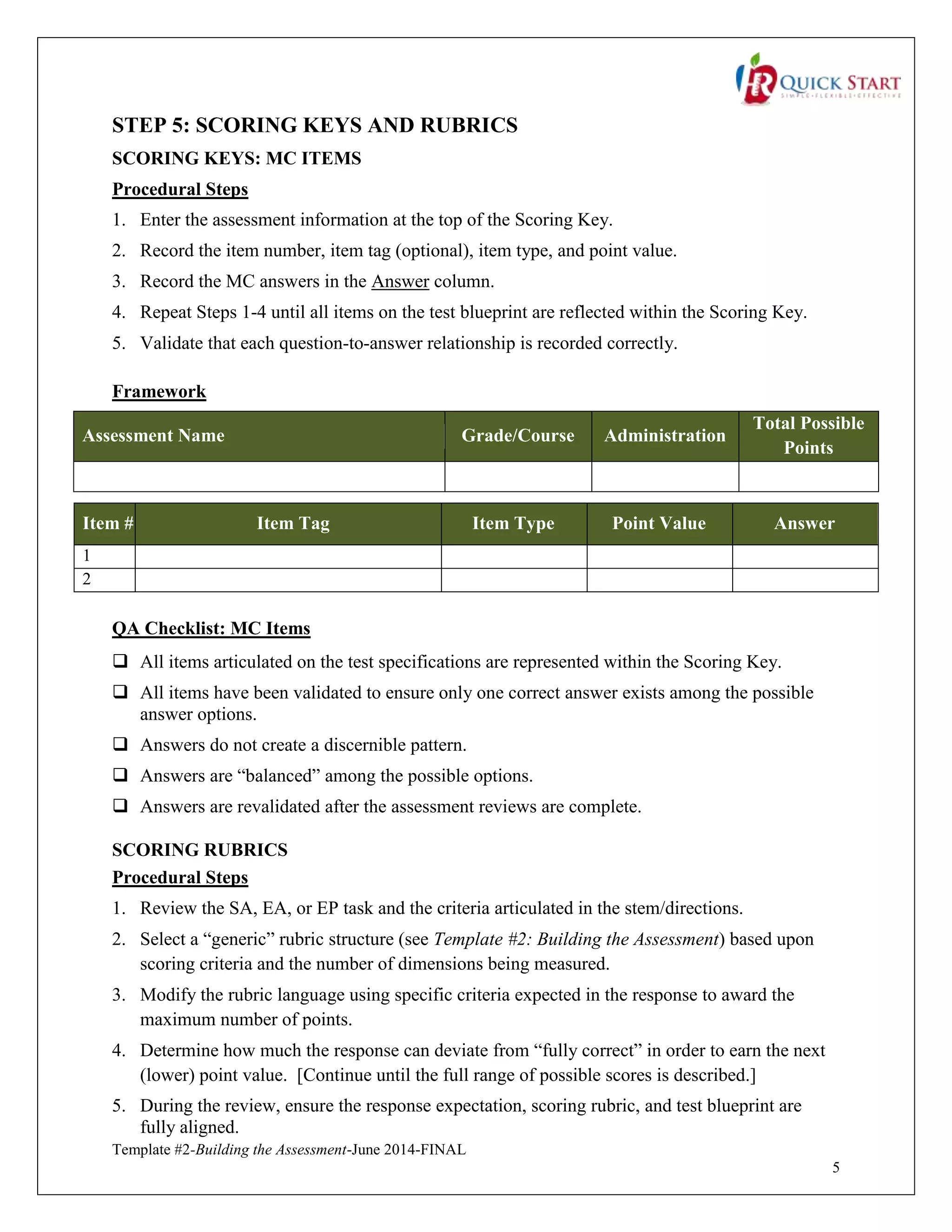 Template #2-Building the Assessment-June 2014-FINAL
5
STEP 5: SCORING KEYS AND RUBRICS
SCORING KEYS: MC ITEMS
Procedural Steps
1. Enter the assessment information at the top of the Scoring Key.
2. Record the item number, item tag (optional), item type, and point value.
3. Record the MC answers in the Answer column.
4. Repeat Steps 1-4 until all items on the test blueprint are reflected within the Scoring Key.
5. Validate that each question-to-answer relationship is recorded correctly.
Framework
Assessment Name Grade/Course Administration
Total Possible
Points
Item # Item Tag Item Type Point Value Answer
1
2
QA Checklist: MC Items
 All items articulated on the test specifications are represented within the Scoring Key.
 All items have been validated to ensure only one correct answer exists among the possible
answer options.
 Answers do not create a discernible pattern.
 Answers are “balanced” among the possible options.
 Answers are revalidated after the assessment reviews are complete.
SCORING RUBRICS
Procedural Steps
1. Review the SA, EA, or EP task and the criteria articulated in the stem/directions.
2. Select a “generic” rubric structure (see Template #2: Building the Assessment) based upon
scoring criteria and the number of dimensions being measured.
3. Modify the rubric language using specific criteria expected in the response to award the
maximum number of points.
4. Determine how much the response can deviate from “fully correct” in order to earn the next
(lower) point value. [Continue until the full range of possible scores is described.]
5. During the review, ensure the response expectation, scoring rubric, and test blueprint are
fully aligned.
 