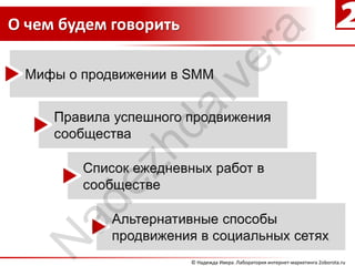 О чем будем говорить




                               ra
                            ve
                   aI
              hd
          ez
    ad
   N


                       © Надежда Ивера. Лаборатория интернет-маркетинга 2oborota.ru
 