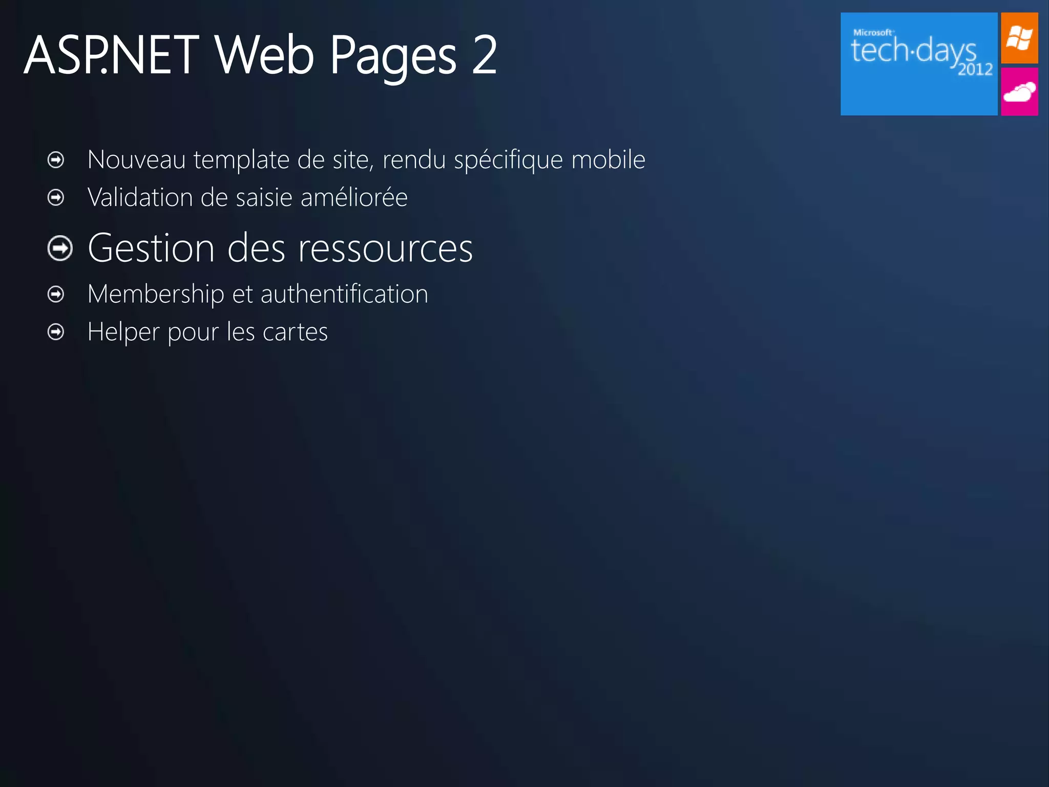 ASP.NET Web Pages 2
  Nouveau template de site, rendu spécifique mobile
  Validation de saisie améliorée

  Gestion des ressources
  Membership et authentification
  Helper pour les cartes
 