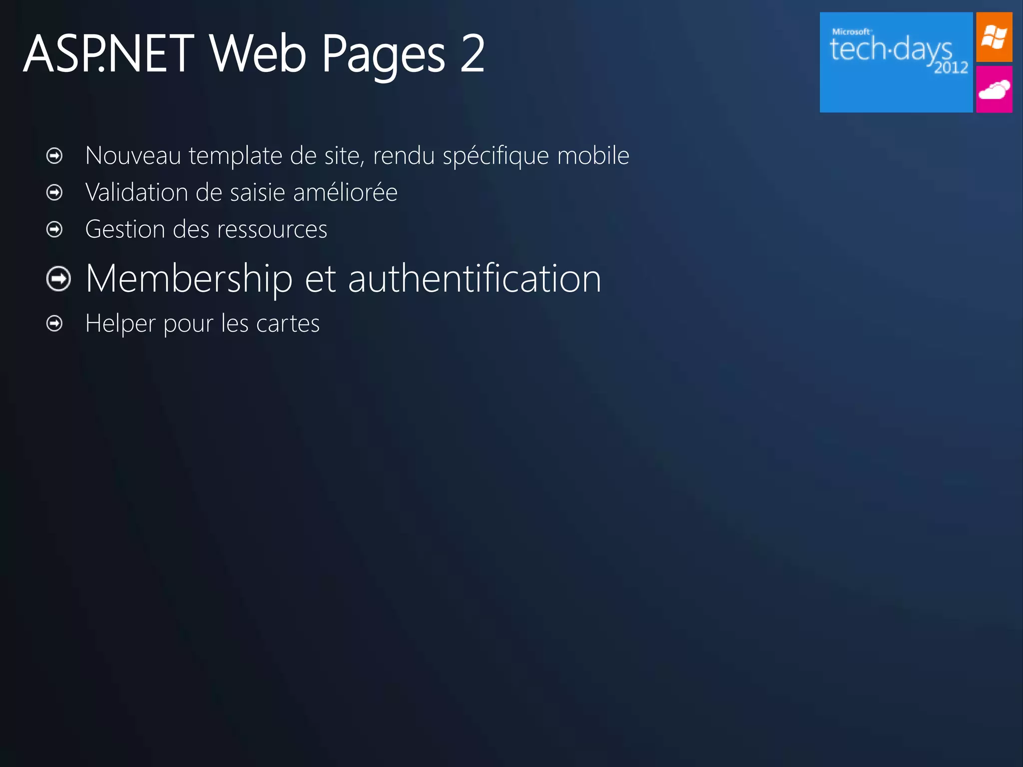 ASP.NET Web Pages 2
  Nouveau template de site, rendu spécifique mobile
  Validation de saisie améliorée
  Gestion des ressources

  Membership et authentification
  Helper pour les cartes
 