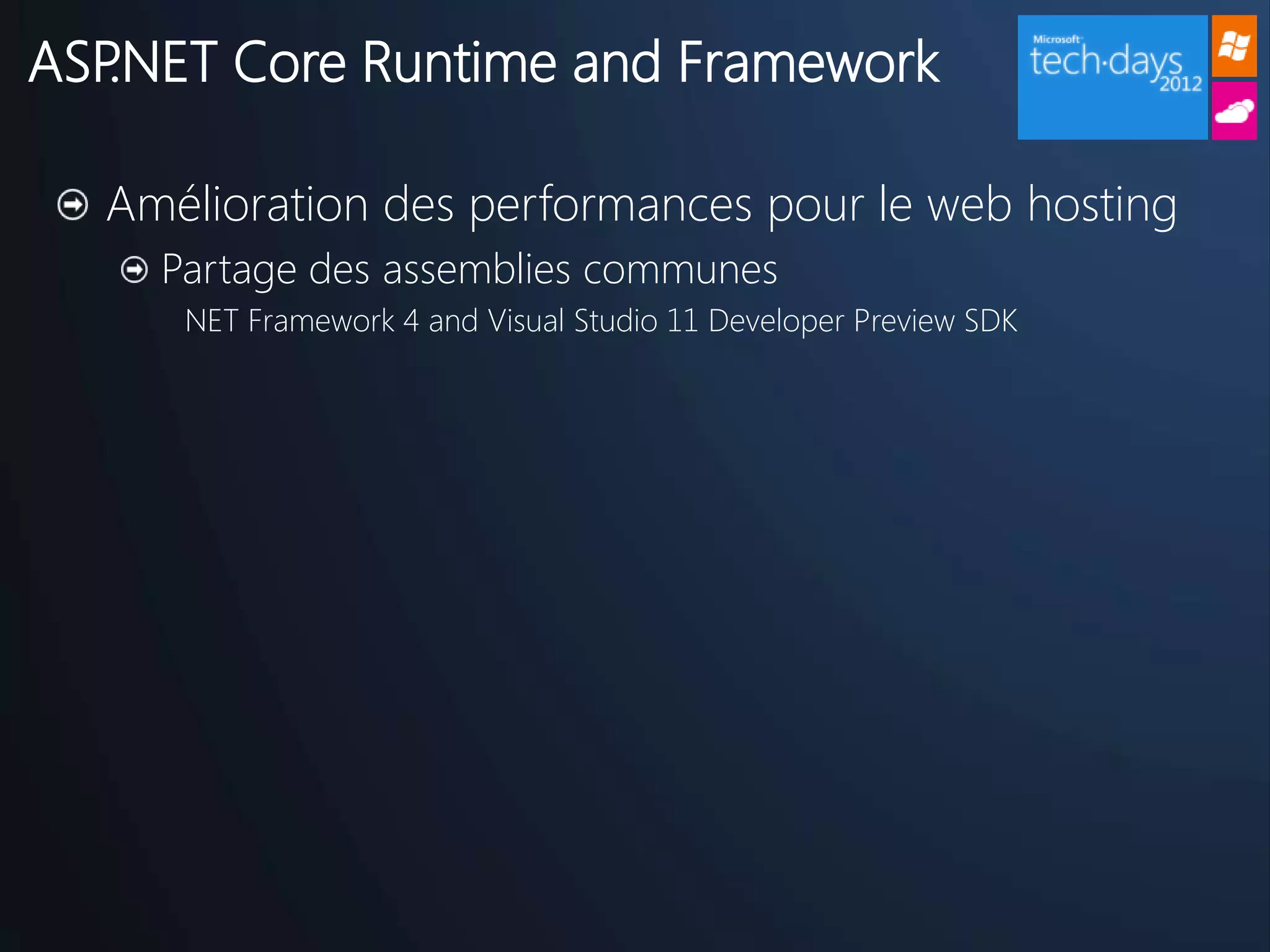 ASP.NET Core Runtime and Framework

  Amélioration des performances pour le web hosting
    Partage des assemblies communes
     NET Framework 4 and Visual Studio 11 Developer Preview SDK
 