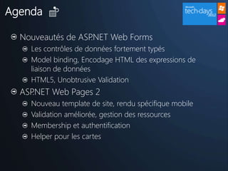 Agenda

  Nouveautés de ASP.NET Web Forms
    Les contrôles de données fortement typés
    Model binding, Encodage HTML des expressions de
    liaison de données
    HTML5, Unobtrusive Validation
  ASP.NET Web Pages 2
    Nouveau template de site, rendu spécifique mobile
    Validation améliorée, gestion des ressources
    Membership et authentification
    Helper pour les cartes
 