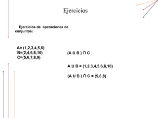 Ejercicios
Ejercicios de operaciones de
conjuntos:
A= (1,2,3,4,5,6)
B=(2,4,6,8,10)
C=(5,6,7,8,9)
(A U B ) ∩ C
A U B = (1,2,3,4,5,6,8,10)
(A U B ) ∩ C = (5,6,8)
 
