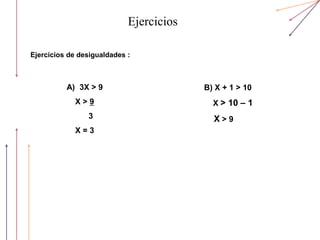 Ejercicios
Ejercicios de desigualdades :
A) 3X > 9
X > 9
3
X = 3
B) X + 1 > 10
X > 10 – 1
X > 9
 
