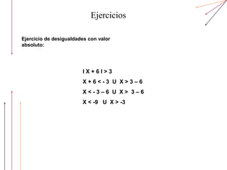 Ejercicios
Ejercicio de desigualdades con valor
absoluto:
l X + 6 l > 3
X + 6 < - 3 U X > 3 – 6
X < - 3 – 6 U X > 3 – 6
X < -9 U X > -3
 