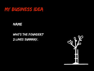 My Business Idea

   Name

   Who’s the founder?
   2 lines summary.
 