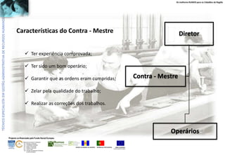 Os melhores RUMOS para os Cidadãos da Região

Características do Contra - Mestre

Diretor

 Ter experiência comprovada;
 Ter sido um bom operário;
 Garantir que as ordens eram cumpridas;

Contra - Mestre

 Zelar pela qualidade do trabalho;
 Realizar as correções dos trabalhos.

Operários
Projecto co-financiado pelo Fundo Social Europeu
ÁREAS DE EDUCAÇÃO E FORMAÇÃO
- 342 - Marketing e publicidade
- 344 - Contabilidade e fiscalidade
- 345 - Gestão e administração
- 811 - Hotelaria e restauração
- 812 - Turismo e lazer
- 146 - Formação de professores e formadores
de áreas tecnológicas

REGIÃO AUTÓNOMA DA MADEIRA

REPÚBLICA PORTUGUESA

UNIÃO EUROPEIA
Fundo Social Europeu

 