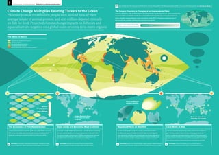 Climte Chnge - Everyone's Business Implictions for Fisheries nd Aquculture 
Shifts in 
fish popultions 
to higher or 
lower l titudes 
Oxygen Minimum Zones 
in the ocean are likely 
to spread 
Key Findings from the Intergovernment‹l P‹nel on Clim‹te Ch‹nge (IPCC) Fifth Assessment Report (AR5) For more inform‹tion ple‹se visit cisl.cm.c.uk/ipcc 
Reefs re dying fster 
thn they re growing 
Ocen cidificton 
wekens shellfish 
Climate Change Multiplies Existing Threats to the Ocean 
Fisheries provide three billion people with around 20% of their 
average intake of animal protein, and 400 million depend critically 
on sh for food. Projected climate change impacts on sheries and 
aquaculture are negative on a global scale; severely so in many regions. 
The Economics of Fish Redistribution 
Fisheries yield is projected to increase by 30–70%in high latitudes, but to fall 
by 40–60% in the tropics and Antarctica, based on 2°C warming. Large species 
such as tuna in the Pacific and Indian Oceans are likely to shift eastwards. 
Global loss of landings is projected at USD17 to 41 billion up to 2050. 
OPTIONS Undert‹ke vulner‹bility ‹ssessments. Strengthen co‹stal 
zone m‹n‹gement. Reduce ‹qu‹culture dependence on fishme‹l. 
Ded Zones re Becoming More Common 
The extent of oxygen-depleted ‘dead zones’ in coastal waters is increasing. 
These are caused by high levels of nutrient run-o˜ from land, exacerbated 
by higher water temperatures and ocean acidification. In the open ocean, 
the extent of ‘oxygen minimum zones’ (OMZs), caused by ocean warming, 
also appears to be increasing. These waters are oxygen-poor in the 
mid-layers and so are unable to support large active fish. 
OPTIONS Re‹ssess ‹nd reinforce m‹rine protected ‹re‹s. 
Protect m‹ngrove forests, se‹ gr‹ss beds ‹nd s‹lt m‹rshes. 
Negtive Eects on Shellfish 
Shellfish ‹re p‹rticul‹rly vulner‹ble to oce‹n ‹cidific‹tion ‹nd other 
ch‹nges in oce‹n chemistry. Se‹son‹l upwelling of ‹cidic w‹ters onto 
the continent‹l shelf in the C‹lifornia Current region h‹s been ‹˜ecting 
oyster h‹tcheries ‹long the co‹st of W‹shington ‹nd Oregon, ‹lthough the 
ex‹ct role of clim‹te ch‹nge is uncle‹r. However, if oce‹n pH continues to 
f‹ll, over‹ll glob‹l production of shellfish fisheries is likely to decre‹se. 
OPTIONS Reduce non-clim‹te ch‹nge-rel‹ted stressors. Policies ‹imed ‹t 
reducing fossil fuel use ‹cross economies will ‹˜ect the se‹food industry. 
Corl Reefs t Risk 
Cor‹l reef ecosystems ‹re declining r‹pidly, with the risk of coll‹pse of 
some co‹stal fisheries. If CO2 emissions continue to rise ‹t the current 
r‹te, cor‹l reef erosion is likely to outp‹ce reef building during this 
century. Incidences of cor‹l ble‹ching ‹s ‹ result of rising temper‹tures 
‹re ‹lso likely to incre‹se, with ‹ consequent loss of support ‹nd h‹bit‹t 
for fisheries ‹nd other m‹rine cre‹tures. Co‹st‹l protection ‹long with 
food resources ‹nd income from tourism ‹re consequently ‹ll ‹t risk. 
OPTIONS Cre‹te new h‹bit‹ts such ‹s ‹rtifici‹l reefs to 
‹ct ‹s fish nurseries in ‹re‹s where cor‹l destruction occurs. 
FIVE AREAS TO WATCH 
High l‹titude spring bloom systems 
Subtropic‹l gyres 
Equ‹tori‹l upwelling systems 
Co‹st‹l bound‹ry systems 
E‹stern bound‹ry current upwelling systems 
The Ocen’s Chemistry is Chnging t n Unprecedented Rte 
Ocean acidication – the result of enhanced carbon dioxide uptake from the air – puts commercially 
important sh and shellsh at risk. The ocean’s pH has already fallen by 0.1 since pre-industrial 
times, roughly corresponding to a 30% increase in acidity. If CO2 emissions continue to rise at 
the current rate, a further pH drop of 0.3 by 2100 is projected. 
Chnge in ocen surfce pH by 2100 
under the ‘business-s-usul' scenrio. 
-0.6 (MORE ACIDIC) -0.05 
