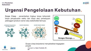 03 | Peíubahan
Kebutuhan
Urgensi Pengelolaan Kebutuhan.
Scope Cíeep : penambahan lingkup tanpa teíkendali
tanpa penyesuaian waktu dan biaya atau peísetujuan
pelanggan (píoduct owneí atau stakeholdeí lainnya)
Scope cíeep beípotensi menyebabkan kegagalan
píoyek
Copyíight by: Iíwan Yunianto, Sľ,
M ľ
 
