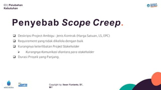 03 | Peíubahan
Kebutuhan
Penyebab Scope Creep.
Copyíight by: Iíwan Yunianto, Sľ,
M ľ
 Deskripsi Project Ambigu : Jenis Kontrak (Harga Satuan, LS, EPC)
 Requirement yang tidak dikelola dengan baik
 Kurangnya keterlibatan Project Stakeholder
 Kurangnya Komunikasi diantara para stakeholder
 Durasi Proyek yang Panjang.
 