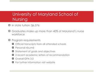 University of Maryland School of Nursing In state tuition: $6,576 Graduates make up more than 40% of Maryland’s nurse workforce Program requirements Official transcripts from all attended schools Personal résumé Statement of goals and objectives 2 recent academic letters of recommendation Overall GPA 3.0 For further information visit website 