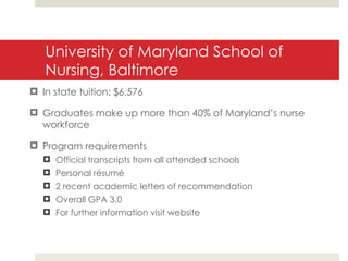 University of Maryland School of Nursing, Baltimore In state tuition: $6,576 Graduates make up more than 40% of Maryland’s nurse workforce Program requirements Official transcripts from all attended schools Personal résumé 2 recent academic letters of recommendation Overall GPA 3.0 For further information visit website 