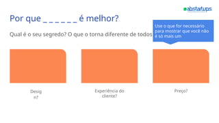 Por que _ _ _ _ _ _ é melhor?
Qual é o seu segredo? O que o torna diferente de todos os outros?
Desig
n?
Experiência do
cliente?
Preço?
Use o que for necessário
para mostrar que você não
é só mais um
 