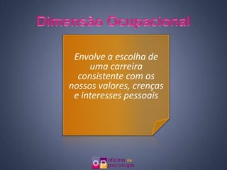Envolve a escolha de
     uma carreira
  consistente com os
nossos valores, crenças
 e interesses pessoais
 