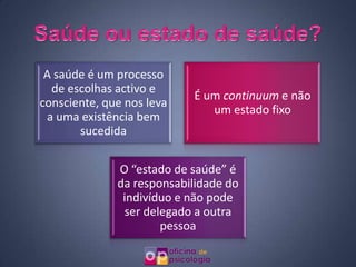 A saúde é um processo
  de escolhas activo e
                           É um continuum e não
consciente, que nos leva
                              um estado fixo
 a uma existência bem
       sucedida

              O “estado de saúde” é
              da responsabilidade do
               indivíduo e não pode
               ser delegado a outra
                      pessoa
 