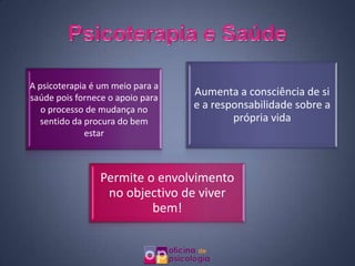 A psicoterapia é um meio para a
saúde pois fornece o apoio para
                                  Aumenta a consciência de si
   o processo de mudança no       e a responsabilidade sobre a
  sentido da procura do bem               própria vida
              estar



                 Permite o envolvimento
                  no objectivo de viver
                          bem!
 