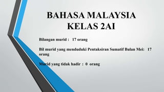 BAHASA MALAYSIA
KELAS 2AI
Bilangan murid : 17 orang
Bil murid yang menduduki Pentaksiran Sumatif Bulan Mei: 17
orang
Murid yang tidak hadir : 0 orang
 