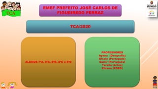TCATCA
TCA/2020
EMEF PREFEITO JOSÉ CARLOS DE
FIGUEIREDO FERRAZ
ALUNOS 7ºA, 8ºA, 8ºB, 8ºC e 8ºD
PROFESSORES
Ayana (Geografia)
Gisele (Português)
Samir (Português)
Tarsila (Artes)
Zilrene (POED)
 