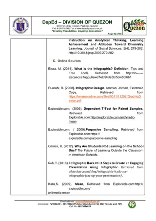 DepEd – DIVISION OF QUEZON
Sitio Fori, Brgy. Talipan, Pagbilao, Quezon
Cell # 09175824627 or at www.depedquezon.com.ph
“Creating Possibilities, Inspiring Innovations”
Page 12 of 15
Email address: quezon@deped.gov.ph
Comments: Txt HELEN – 09178902327 (Smart/Sun/TalknTxt) 2327 (Globe and TM )
Cell No: 09175824629
Instruction on Analytical Thinking, Learning
Achievement and Attitudes Toward Chemistry
Learning. Journal of Social Sciences, 5(4), 279-282.
http://10.3844/jssp.2009.279.282
C. Online Sources
Eissa, M. (2014). What is the Infographic? Definition, Tips and
Free Tools. Retrieved from http://xn------
lzecaacca1agqu6awd7etd9hde5br5cm6bt6bf
El-Arabi, R. (2008). Infographic Design. Amman, Jordan, Electronic
Copy. Retrieved from
https://kenanaonline.com/files/0011/11257/GraohicD
esign.pdf
Explorable.com. (2009). Dependent T-Test for Paired Samples.
Retrieved from
Explorable.com:http://explorable.com/arithmetic-
mean
Explorable.com. ( 2009).Purposive Sampling. Retrieved from
Explorable.com:https://
explorable.com/purposive-sampling
Gaines, K. (2012). Why Are Students Not Learning on the School
Bus? The Future of Learning Outside the Classroom
in American Schools,
Goh, T. (2018). Infographic Hack #1: 3 Steps to Create an Engaging
Presentation using Infographic. Retrieved from
piktochart.com/blog/infographic-hack-use-
infographic-jazz-up-your-presentation/.
Kalla,S. (2009). Mean, Retrieved from Explorable.com:http://
explorable.com/
arithmetic-mean
 
