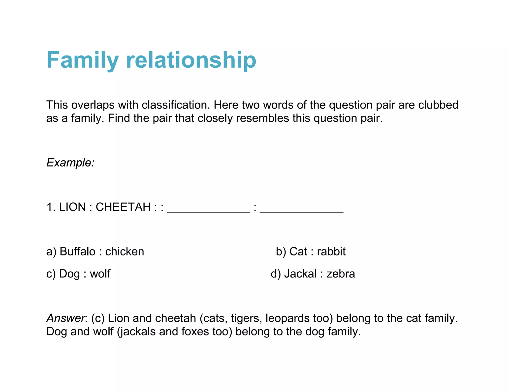 Family relationship
This overlaps with classification. Here two words of the question pair are clubbed
as a family. Find the pair that closely resembles this question pair.


Example:


1. LION : CHEETAH : : _____________ : _____________


a) Buffalo : chicken                          b) Cat : rabbit
c) Dog : wolf                                d) Jackal : zebra


Answer: (c) Lion and cheetah (cats, tigers, leopards too) belong to the cat family.
Dog and wolf (jackals and foxes too) belong to the dog family.
 