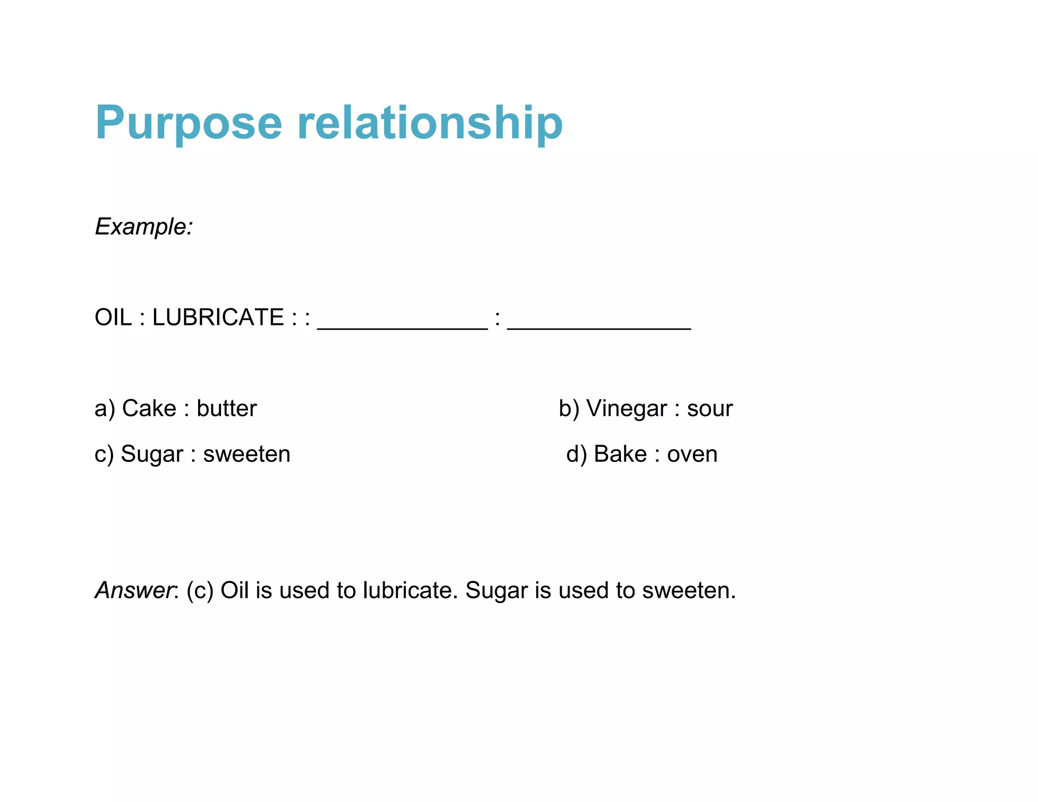 Purpose relationship

Example:


OIL : LUBRICATE : : _____________ : ______________


a) Cake : butter                             b) Vinegar : sour
c) Sugar : sweeten                            d) Bake : oven




Answer: (c) Oil is used to lubricate. Sugar is used to sweeten.
 