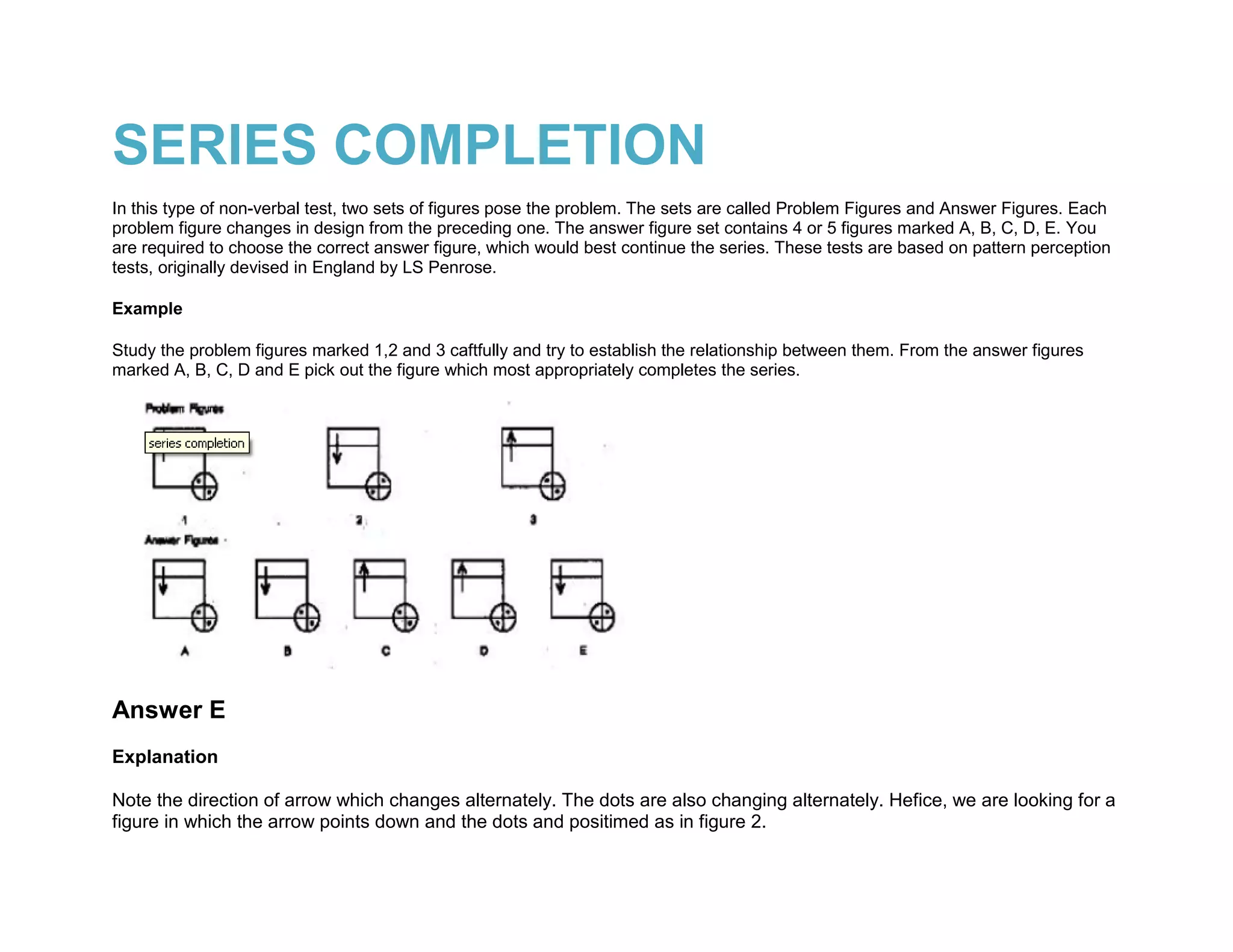 SERIES COMPLETION
In this type of non-verbal test, two sets of figures pose the problem. The sets are called Problem Figures and Answer Figures. Each
problem figure changes in design from the preceding one. The answer figure set contains 4 or 5 figures marked A, B, C, D, E. You
are required to choose the correct answer figure, which would best continue the series. These tests are based on pattern perception
tests, originally devised in England by LS Penrose.

Example

Study the problem figures marked 1,2 and 3 caftfully and try to establish the relationship between them. From the answer figures
marked A, B, C, D and E pick out the figure which most appropriately completes the series.




Answer E
Explanation

Note the direction of arrow which changes alternately. The dots are also changing alternately. Hefice, we are looking for a
figure in which the arrow points down and the dots and positimed as in figure 2.
 