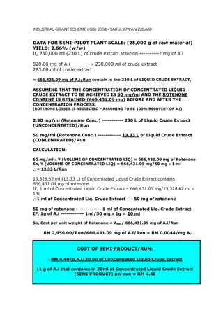 INDUSTRIAL GRANT SCHEME (IGS) 2004 - SAIFUL IRWAN ZUBAIRI


DATA FOR SEMI-PILOT PLANT SCALE: (25,000 g of raw material)
YIELD: 2.66% (w/w)
If, 230,000 ml (230 L) of crude extract solution ----------? mg of A.i

820.00 mg of A.i ______ × 230,000 ml of crude extract
283.00 ml of crude extract

= 666,431.09 mg of A.i/Run contain in the 230 L of LIQUID CRUDE EXTRACT.

ASSUMING THAT THE CONCENTRATION OF CONCENTRATED LIQUID
CRUDE EXTRACT TO BE ACHIEVED IS 50 mg/ml AND THE ROTENONE
CONTENT IS RETAINED (666,431.09 mg) BEFORE AND AFTER THE
CONCENTRATION PROCESS.
(ROTENONE LOSSES IS NEGLECTED – ASSUMING TO BE 100% RECOVERY OF A.i)


2.90 mg/ml (Rotenone Conc.) ----------- 230 L of Liquid Crude Extract
(UNCONCENTRTED)/Run

50 mg/ml (Rotenone Conc.) ------------ 13.33 L of Liquid Crude Extract
(CONCENTRATED)/Run

CALCULATION:

50 mg/ml × Y (VOLUME OF CONCENTRATED LIQ) = 666,431.09 mg of Rotenone
So, Y (VOLUME OF CONCENTRATED LIQ) = 666,431.09 mg/50 mg × 1 ml
∴= 13.33 L/Run

13,328.62 ml (13.33 L) of Concentrated Liquid Crude Extract contains
666,431.09 mg of rotenone.
IF, 1 ml of Concentrated Liquid Crude Extract – 666,431.09 mg/13,328.62 ml ×
1ml
∴1 ml of Concentrated Liq. Crude Extract --- 50 mg of rotenone

50 mg of rotenone ------------- 1 ml of Concentrated Liq. Crude Extract
IF, 1g of A.i ------------ 1ml/50 mg × 1g = 20 ml

So, Cost per unit weight of Rotenone = AME / 666,431.09 mg of A.i/Run

     RM 2,956.00/Run/666,431.09 mg of A.i/Run = RM 0.0044/mg A.i


                     COST OF SEMI PRODUCT/RUN:

       ∴RM 4.40/g A.i/20 ml of Concentrated Liquid Crude Extract

 (1 g of A.i that contains in 20ml of Concentrated Liquid Crude Extract
                   (SEMI PRODUCT) per run = RM 4.40
 
