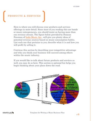 8/1/2009
Template for Writing a Music Business Plan
5
Here is where you will discuss your products and services
offerings in more detail. Since most of you reading this are bands
or music entrepreneurs, you should insist on having more than
one revenue stream. The figure below provided by Duncan
Freeman of Indie Music, Inc., will give you plenty ideas of
potential revenue sources based on music consumption habits.
List each one that pertains to you; describe what it is and how you
will profit by selling it.
Continue this section by describing your competitive advantage
and why you think your business will succeed among others
within the music industry.
If you would like to talk about future products and services as
well, you may do so here. This section is optional but helps you
begin thinking about your plans down the road.
P R O D U C T S & S E R V I C E S
 