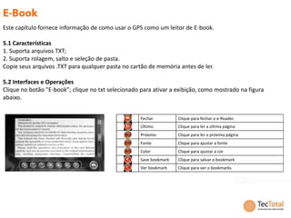 Este capítulo fornece informação de como usar o GPS como um leitor de E-book.

5.1 Características
1. Suporta arquivos TXT;
2. Suporta rolagem, salto e seleção de pasta.
Copie seus arquivos .TXT para qualquer pasta no cartão de memória antes de ler.

5.2 Interfaces e Operações
Clique no botão "E-book”; clique no txt selecionado para ativar a exibição, como mostrado na figura
abaixo.


                                                    Fechar          Clique para fechar o e-Reader.
                                                    Último          Clique para ler a última página
                                                    Próximo         Clique para ler a próxima página
                                                    Fonte           Clique para ajustar a fonte
                                                    Color           Clique para ajustar a cor
                                                    Save bookmark   Clique para salvar o bookmark
                                                    Ver bookmark    Clique para ver o bookmarks
 