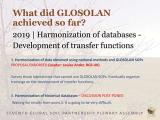 What did GLOSOLAN
achieved so far?
2019 | Harmonization of databases -
Development of transfer functions
3. Harmonization of data obtained using national methods and GLOSOLAN SOPs
PROPOSAL ENDORSED (Leader: Louise Ander, BGS UK)
Survey those laboratories that cannot use GLOSOLAN SOPs. Eventually organize
trainings on the development of transfer functions.
4. Harmonization of historical databases – DISCUSSION POST-PONED
Waiting for results from point 1. It is going to be very difficult.
 