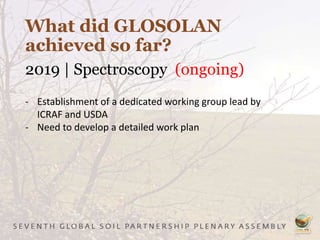 What did GLOSOLAN
achieved so far?
2019 | Spectroscopy (ongoing)
- Establishment of a dedicated working group lead by
ICRAF and USDA
- Need to develop a detailed work plan
 