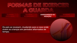 GUARDA
EXCLUSIVA
GUARDA
ALTERNADA
ANINHAMENTO OU
NIDAÇÃO
GUARDA
COMPARTILHADA
Os pais se revezam, mudando para a casa onde
vivem as crianças em períodos alternados de
tempo.
 